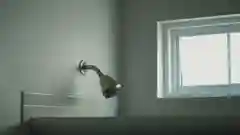 A close-up of a shower head mounted on a tiled bathroom wall.