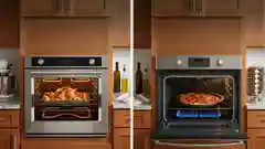 Side-by-side comparison of a gas oven baking a whole roast chicken and an electric oven baking a pizza.