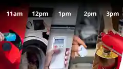 Five panels labeled 11am–3pm showing peak-hour energy tasks: pouring detergent, running a washer, using AC remote, loading dishwasher, and mixing