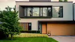 A modern, energy-efficient two-story home with a neat front lawn and wooden garage door.