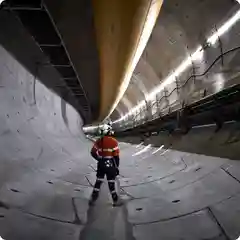 A worker in a hard hat inside a large concrete tunnel,