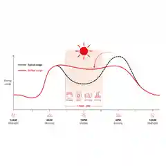 Line graph showing household energy usage shifting from peak evening hours to the free 11am-2pm midday power window.