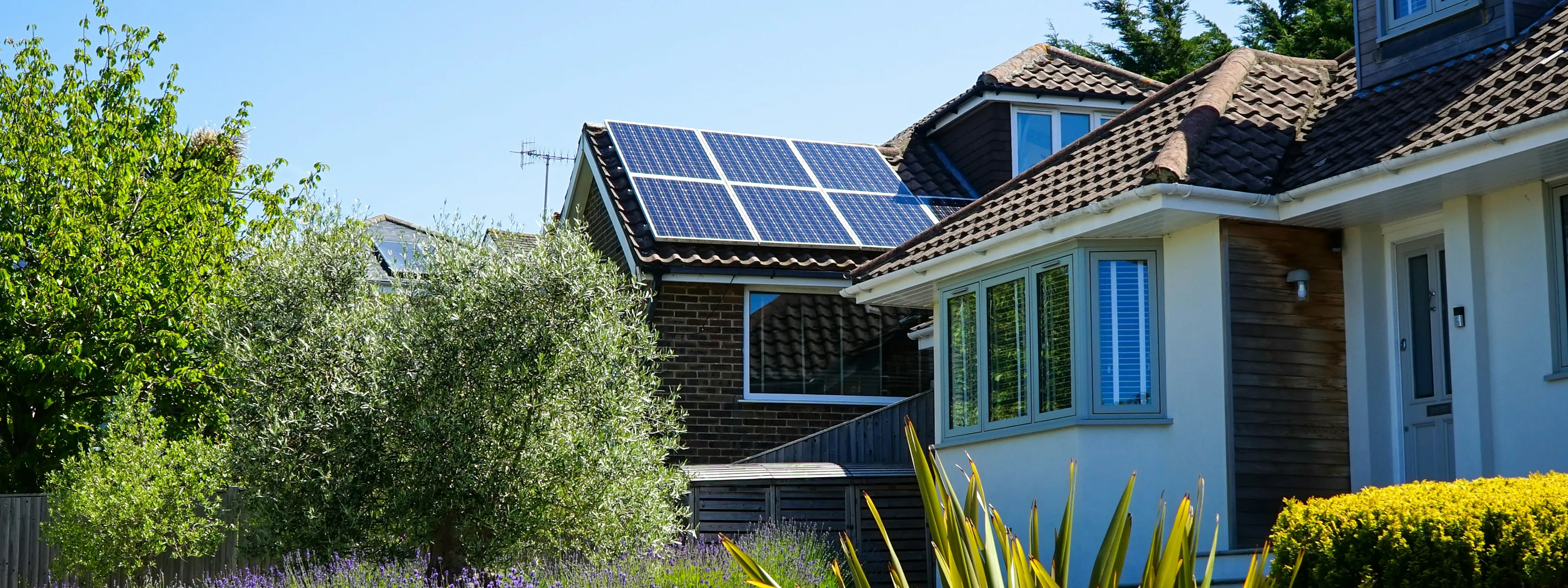 A smiling man stands outside a modern house with rooftop solar panels and a front garden