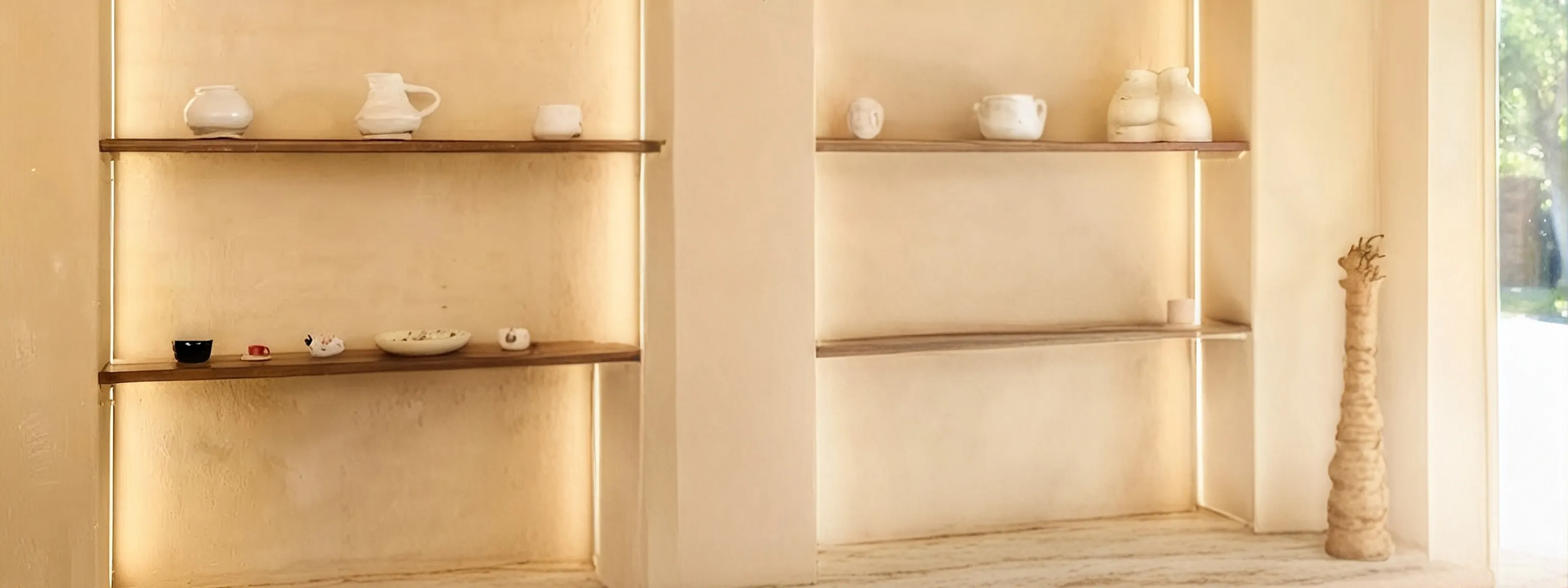 A couple smiles while looking at a laptop together at a counter in a warm, sunlit ceramics studio with shelves displaying pottery