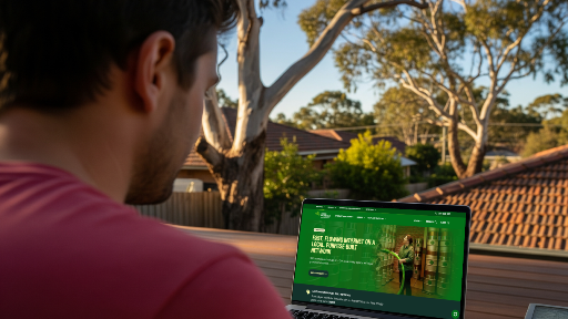 Man using laptop in backyard